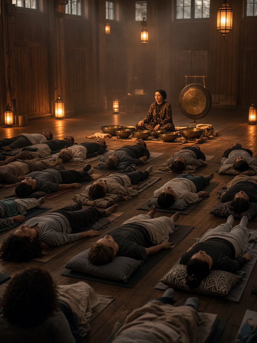 Evening event with singing bowls and many guests