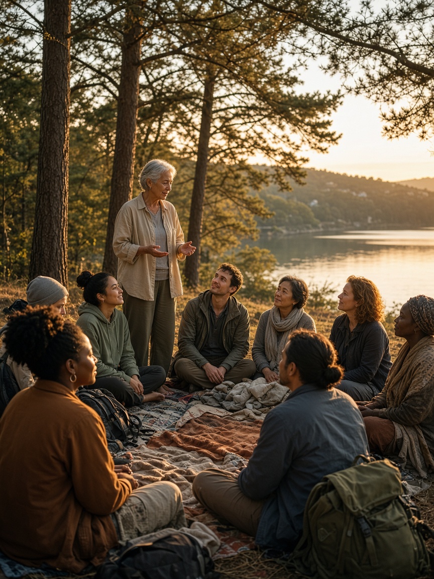 Retreat group outdoors by a lake